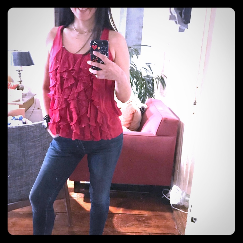 Madison Marcus Red ❤️ Ruffle Silk Racerback Top - Picture 3 of 5